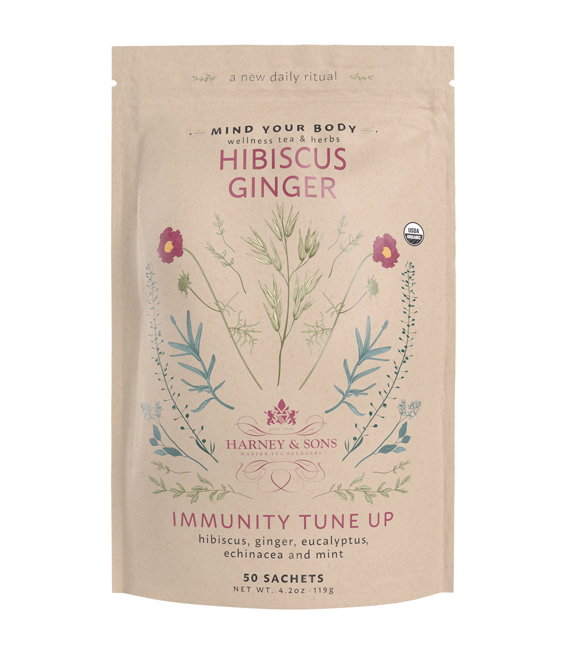 Organic Hibiscus Ginger tea sachets in a 50-count bag, featuring floral design and wellness benefits.