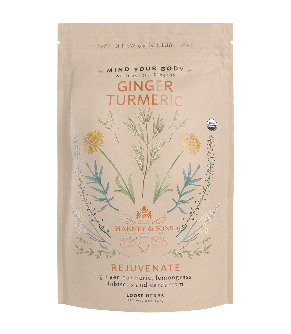 Organic Ginger Turmeric tea packaging featuring herbs and floral illustrations, promoting wellness and rejuvenation.