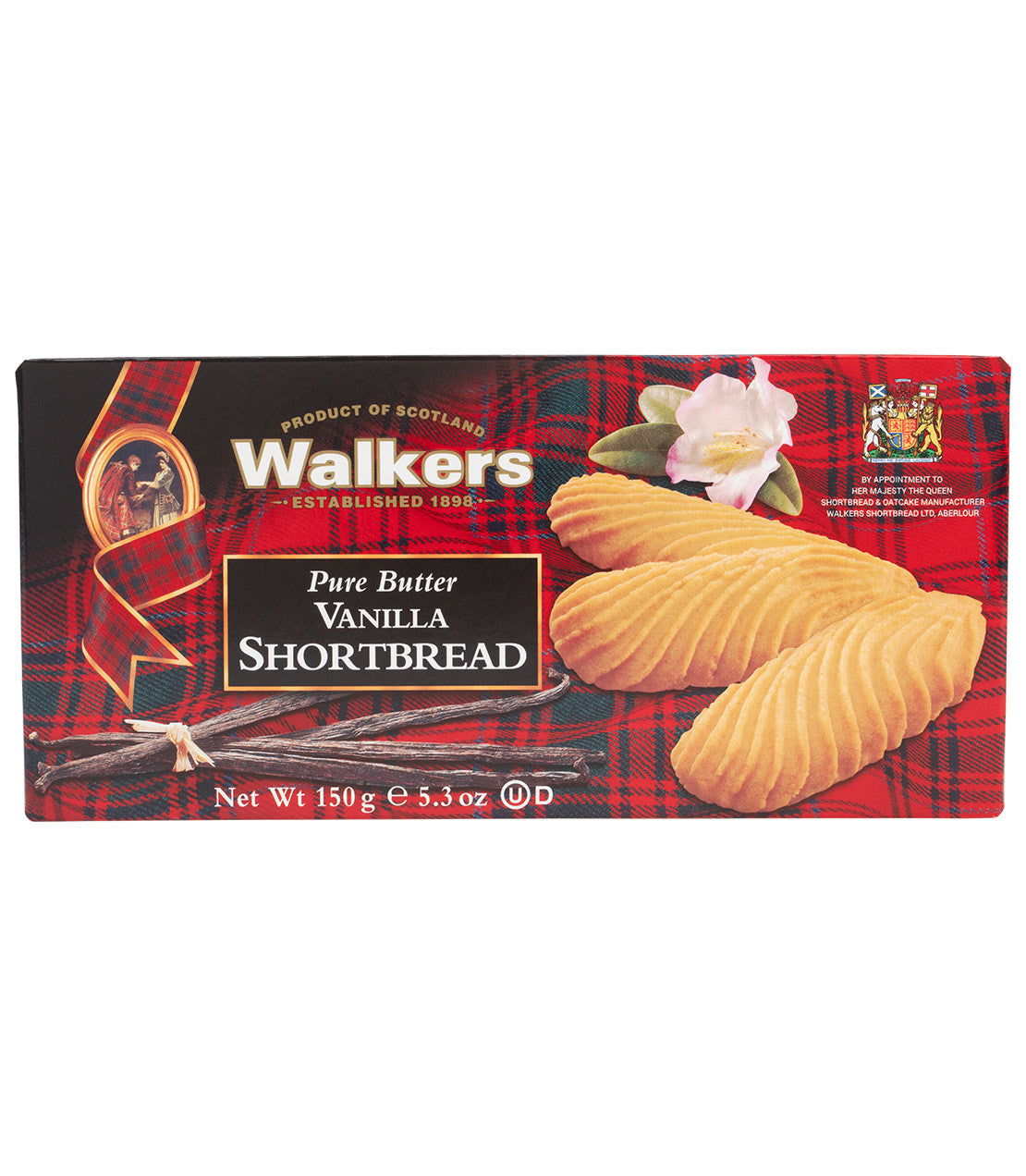 Walkers Shortbread box featuring assorted flavors, including pure butter vanilla shortbread cookies.