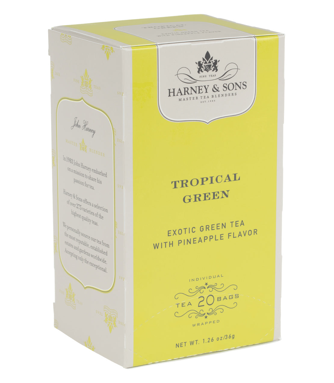 Harney & Sons Tropical Green tea box, featuring pineapple flavor, contains 20 individually wrapped tea bags.