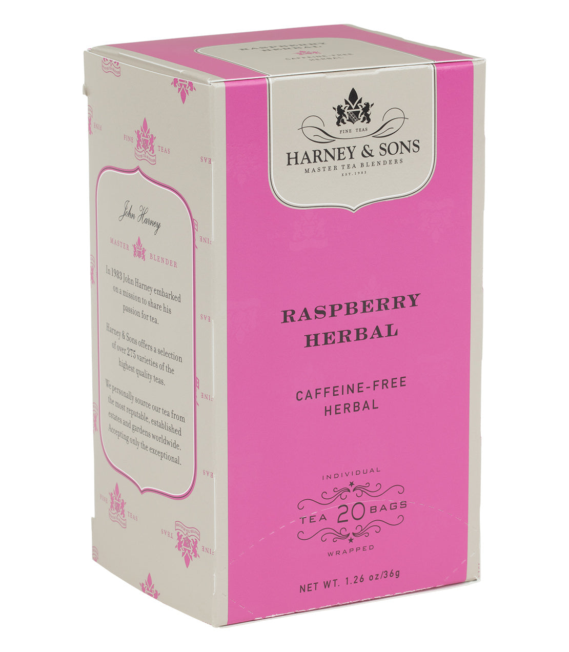 Harney & Sons Raspberry Herbal tea box, featuring 20 caffeine-free tea bags in a pink and white design.