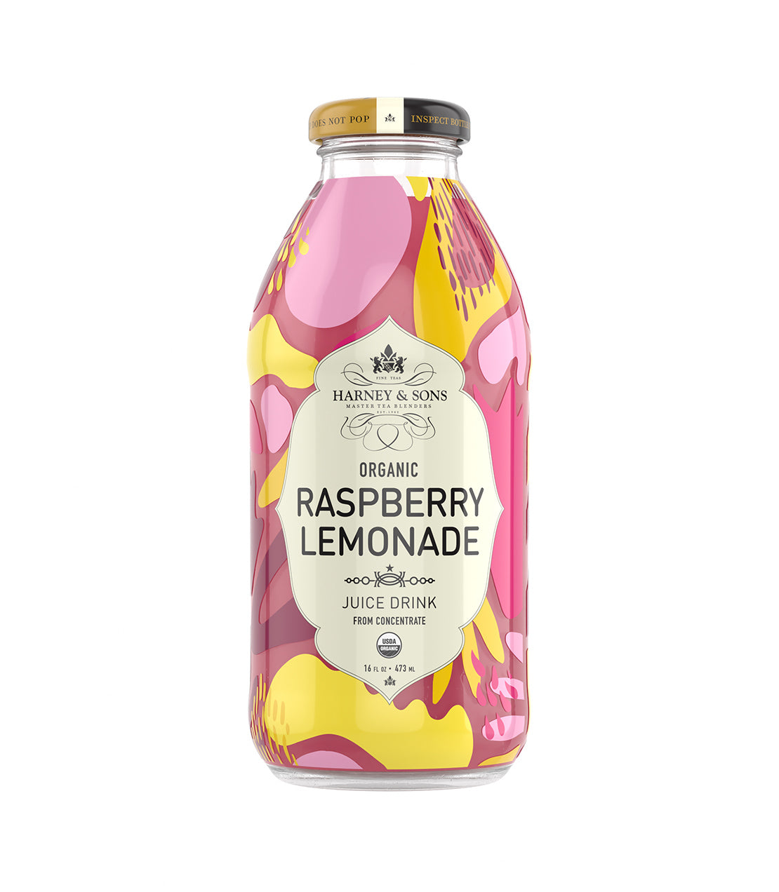 Harney & Sons Fine Teas- 16 OZ Bottle of Organic Raspberry Lemonade Juice Drink, featuring a colorful design.