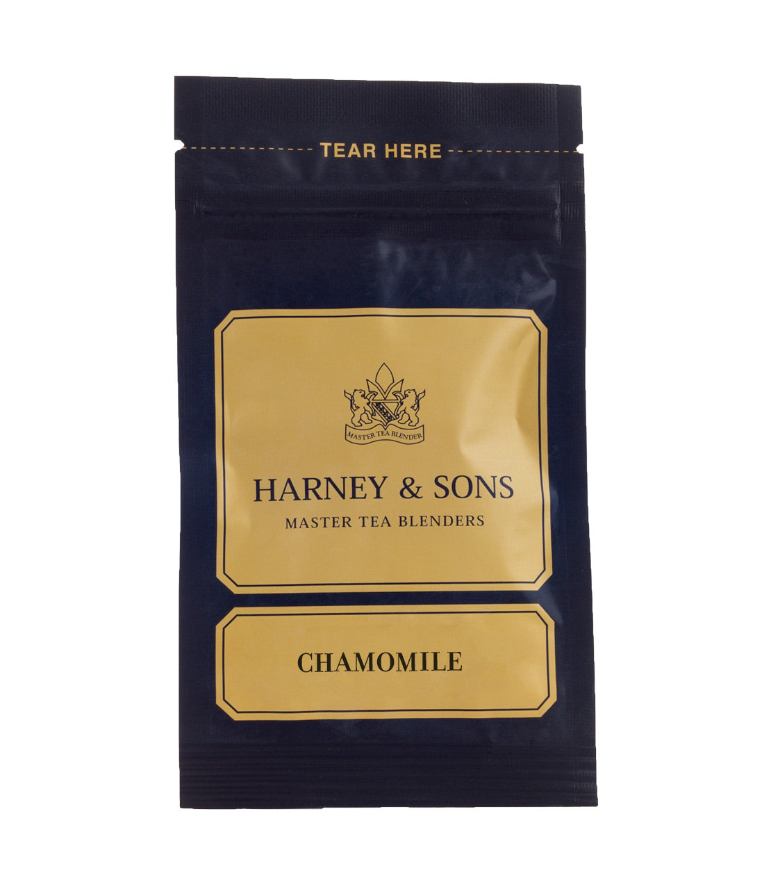 Harney & Sons chamomile tea packet featuring a blue design with gold accents and tear tab.