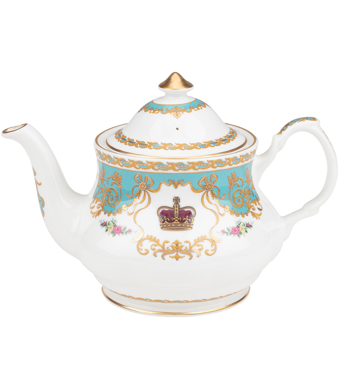Elegant Historic Royal Palaces teapot featuring a crown design, intricate gold detailing, and a turquoise band.