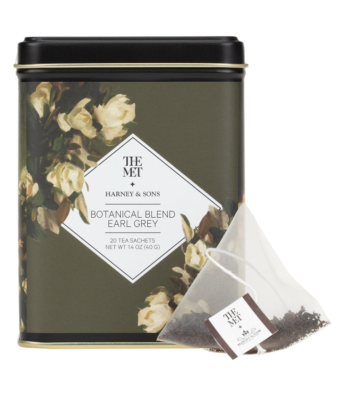 Botanical Blend Earl Grey tea tin by Harney & Sons, containing 20 sachets, featuring floral design.