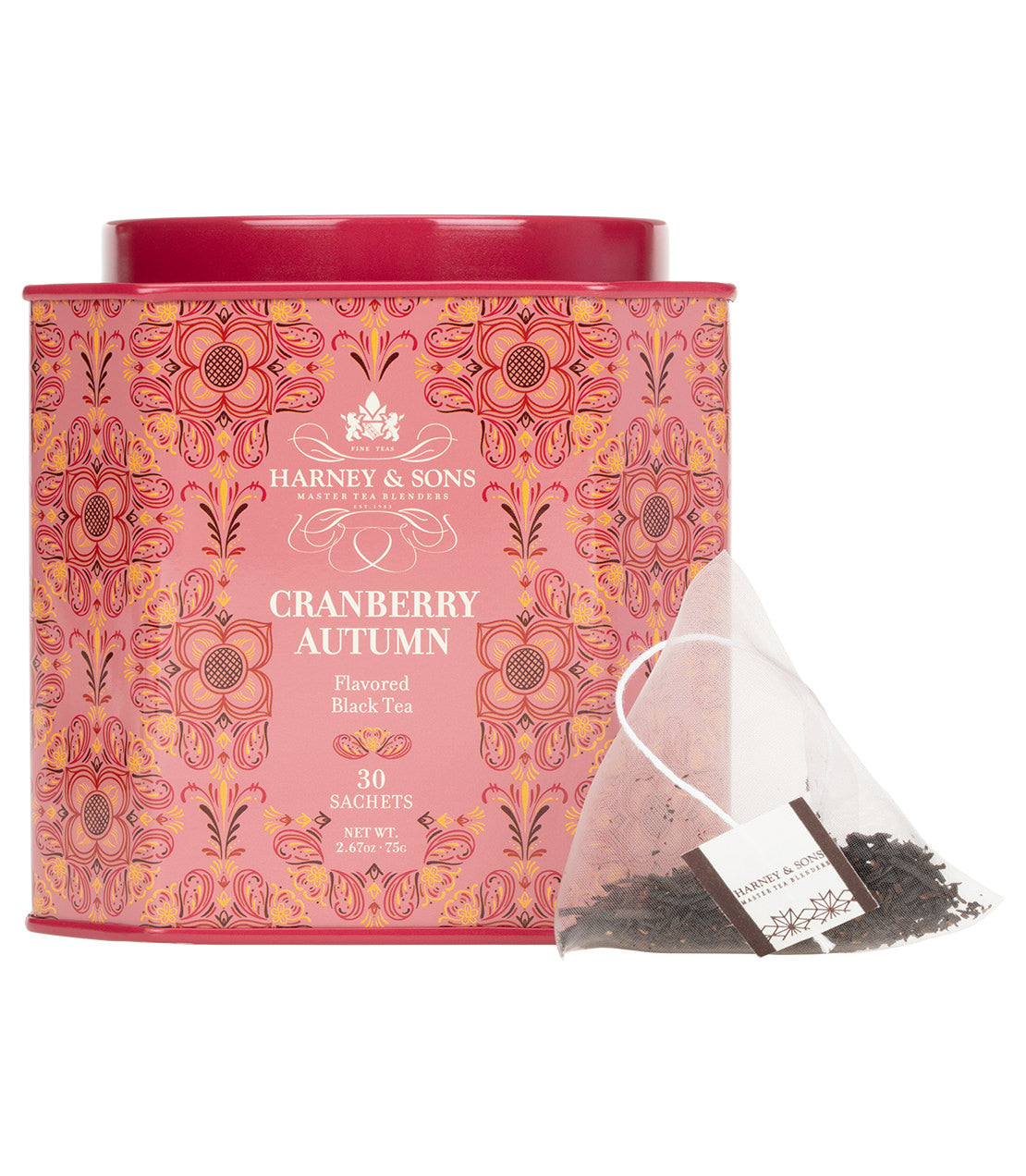 Harney & Sons Cranberry Autumn tea tin with 30 sachets, featuring a floral design and a tea sachet displayed.