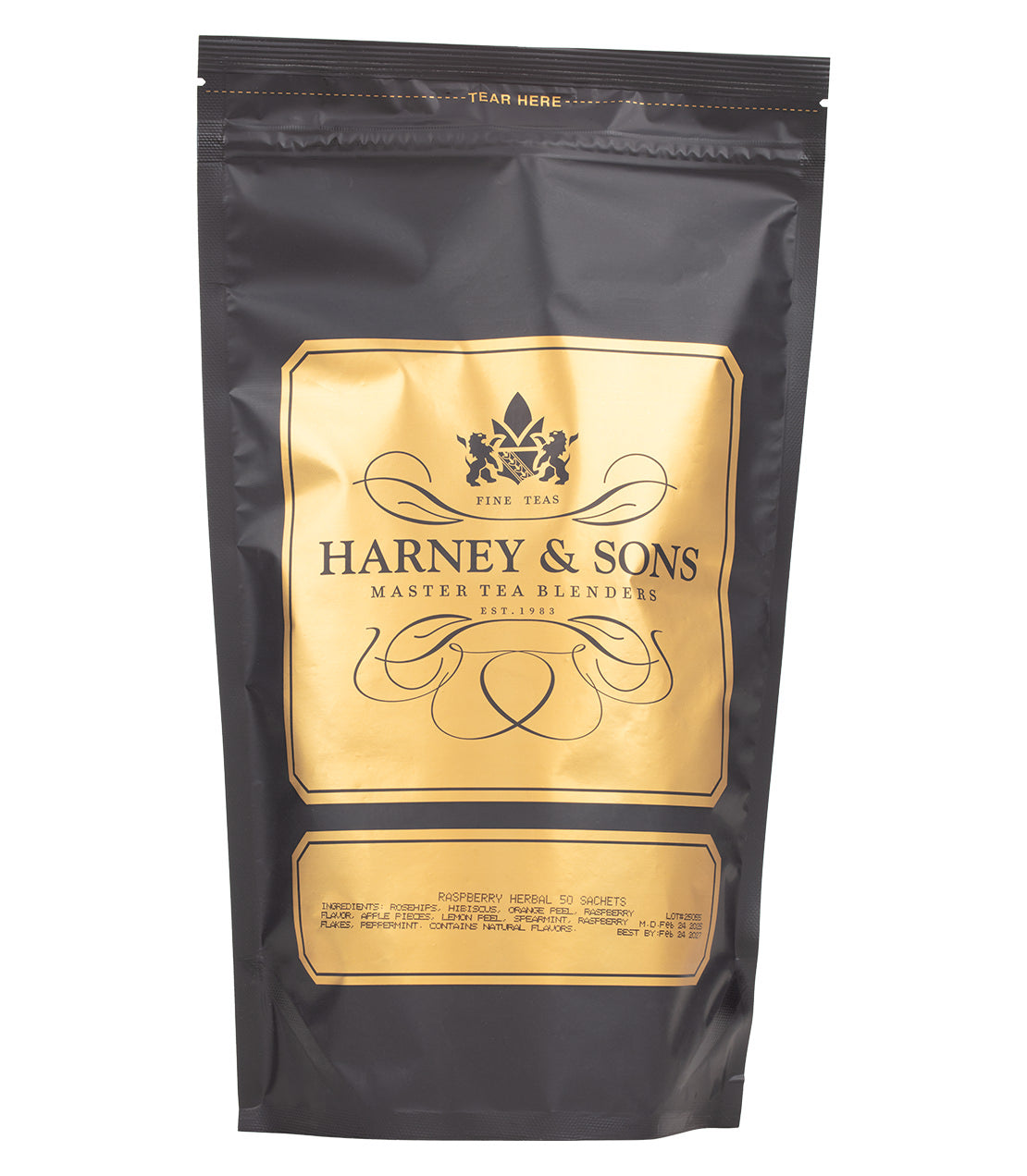 Harney & Sons Fine Teas- Raspberry Herbal- Black and Gold Bag of 50 Sachets