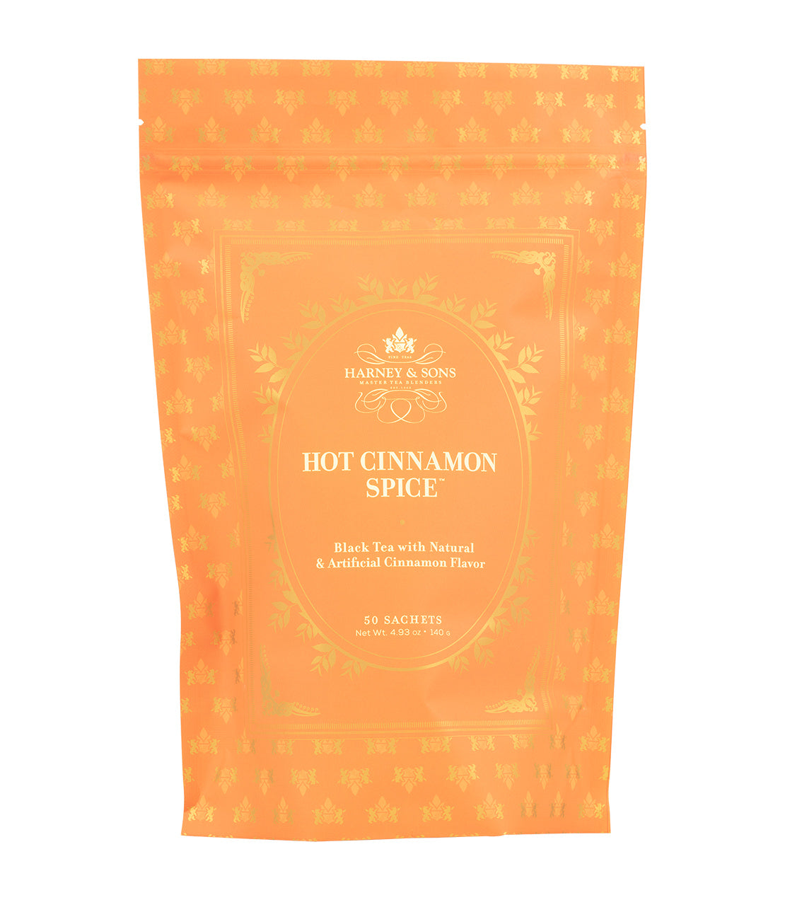 Harney & Sons Fine Teas- Hot Cinnamon Spice- Bag of 50 Sachets- Orange bag with white font and gold highlights 