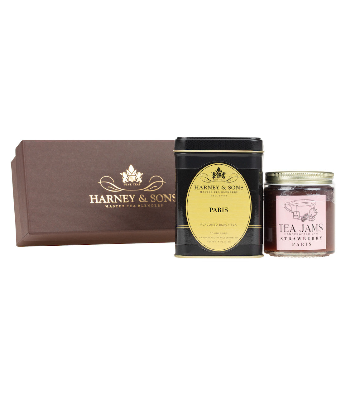 Harney & Sons Fine Teas- Paris Tea & Jam Duo- Featuring Brown Box with Gold Harney Logo- 4oz Tin of Loose Paris Tea- Jar of Strawberry Paris Tea Jam