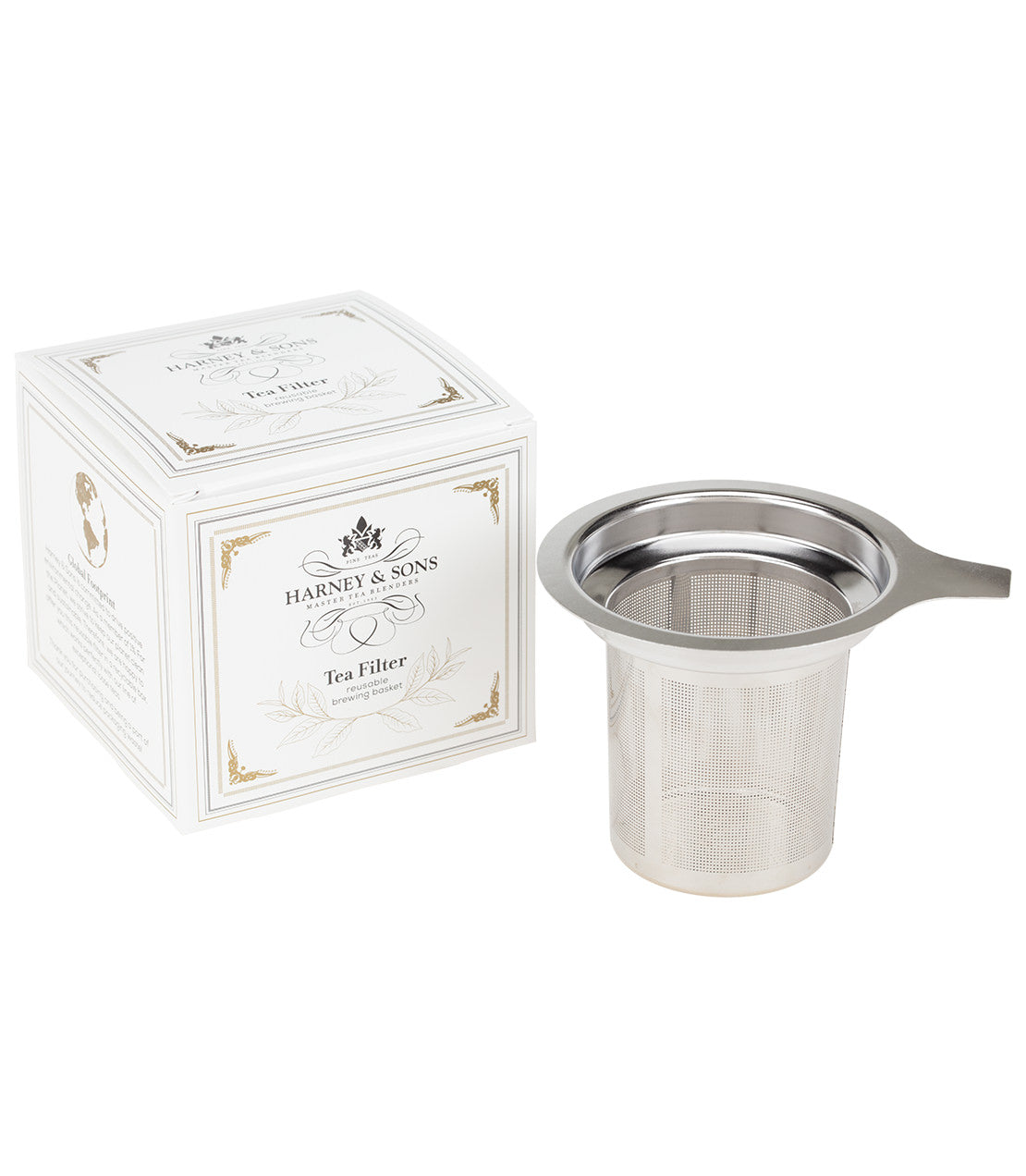 Harney & Sons- Tea Filter- Reusable brewing basket- Silver filter- White box with black text and gold trim