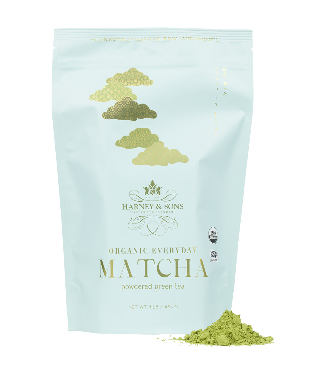 Harney & Sons Fine Teas- Organic Everyday Matcha powder  1LB Bag featuring a light blue design with gold accents- Pile of matcha powder pictured in front of bag