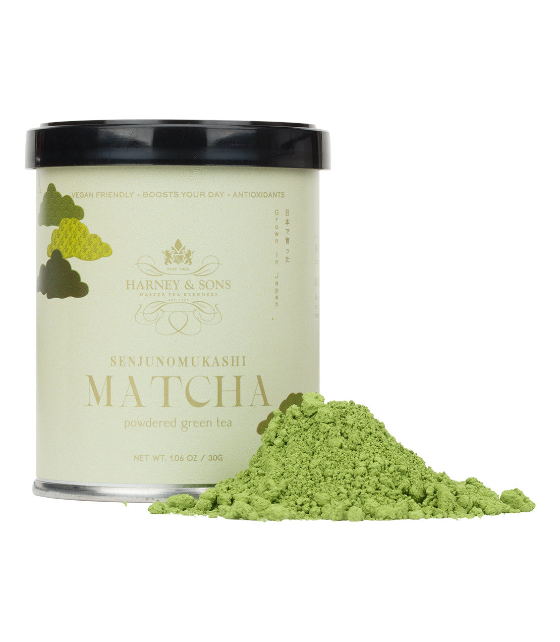 Harney & Sons Fine Teas- 30 Gram tin of Senjunomukashi Matcha powder with vibrant green matcha powder piled in front- Tin is light green with darker green and gold accents