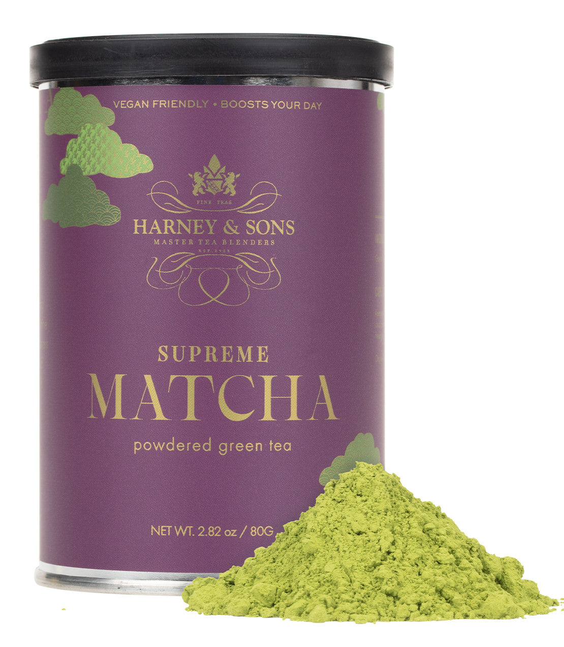 Premium powdered green tea in a vibrant purple tin, showcasing its bright green color and vegan-friendly label.