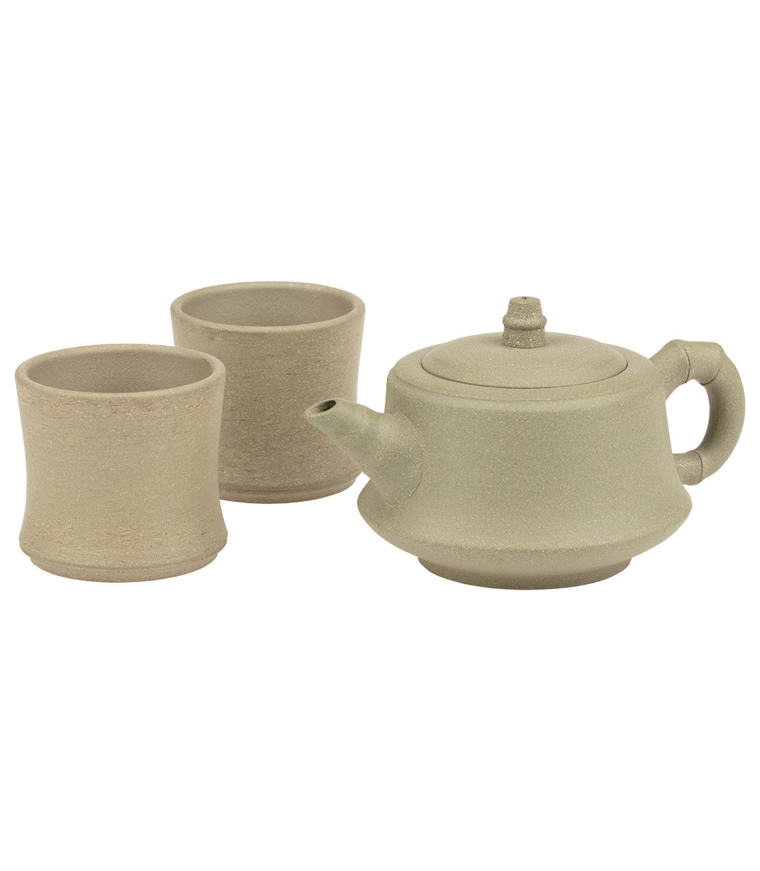 Yixing tea set featuring a teapot and two cups in earthy tones, perfect for enjoying traditional tea ceremonies.