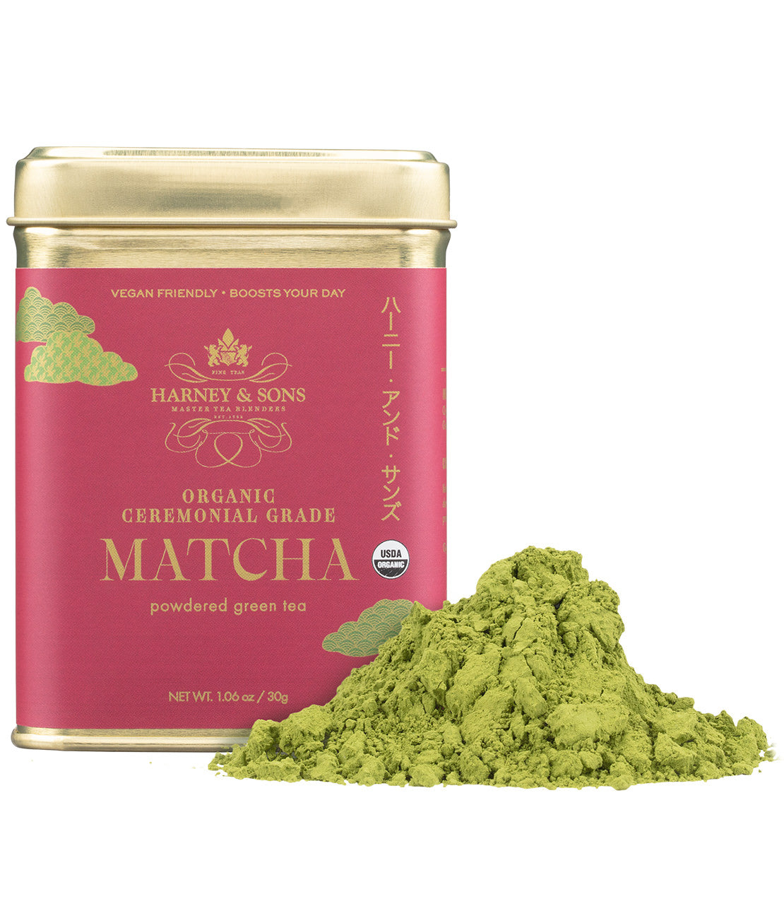 A red-labeled 30g tin of Harney & Sons organic ceremonial grade matcha powder, with a mound of vibrant green powder displayed beside it.