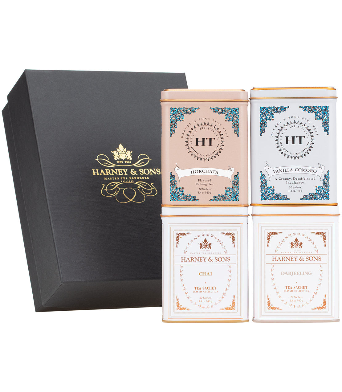 Harney & Sons Fine Teas- Creamy Chai Gift- A Harney & Sons tea gift set featuring four assorted tea varieties in elegant tins, presented with a black luxury box.