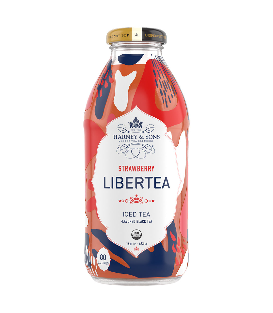 Harney & Sons Fine Teas- Strawberry Libertea- A glass bottle of strawberry-flavored iced black tea from Harney & Sons, featuring a vibrant red and blue label with 80 calories per 16 fluid ounces