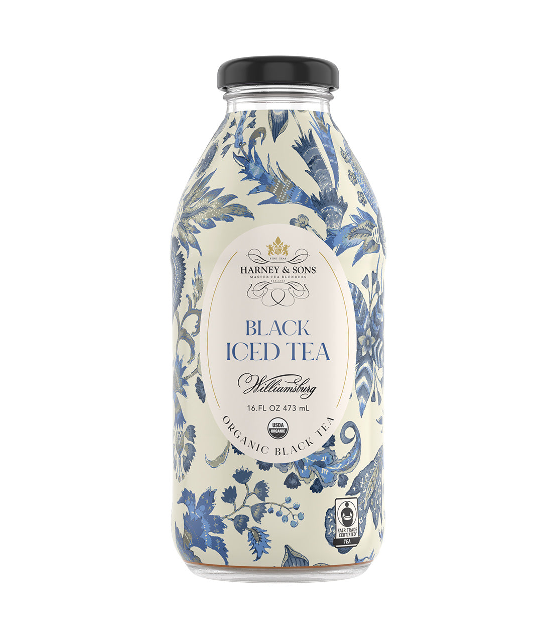 Harney & Sons Fine Teas- Colonial Williamsburg- 16 FL OZ Bottle- Black Iced Tea- Floral White and Blue Design