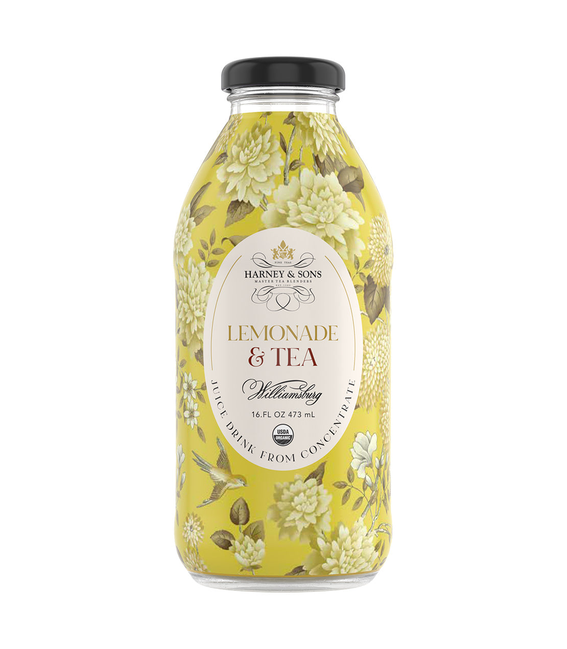 Harney & Sons Fine Teas- Colonial Williamsburg- 16 FL OZ Bottle- Lemonade & Tea- Yellow floral design with birds