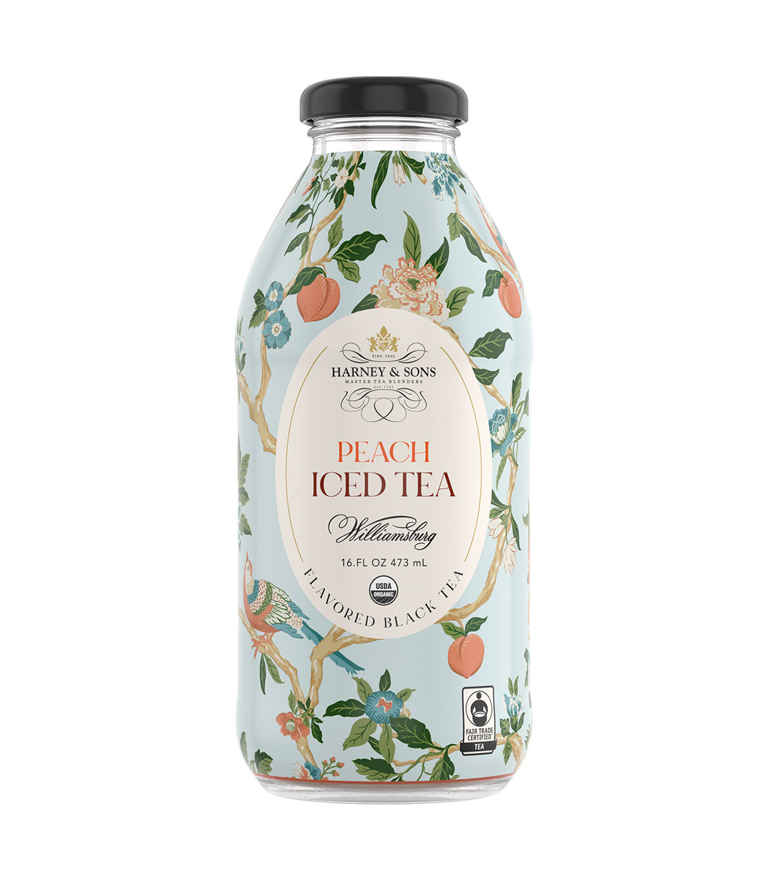 Harney & Sons Fine Teas- Colonial Williamsburg- 16 FL OZ Bottle- Peach Iced Tea- Colorful design with flowers, peaches, and birds