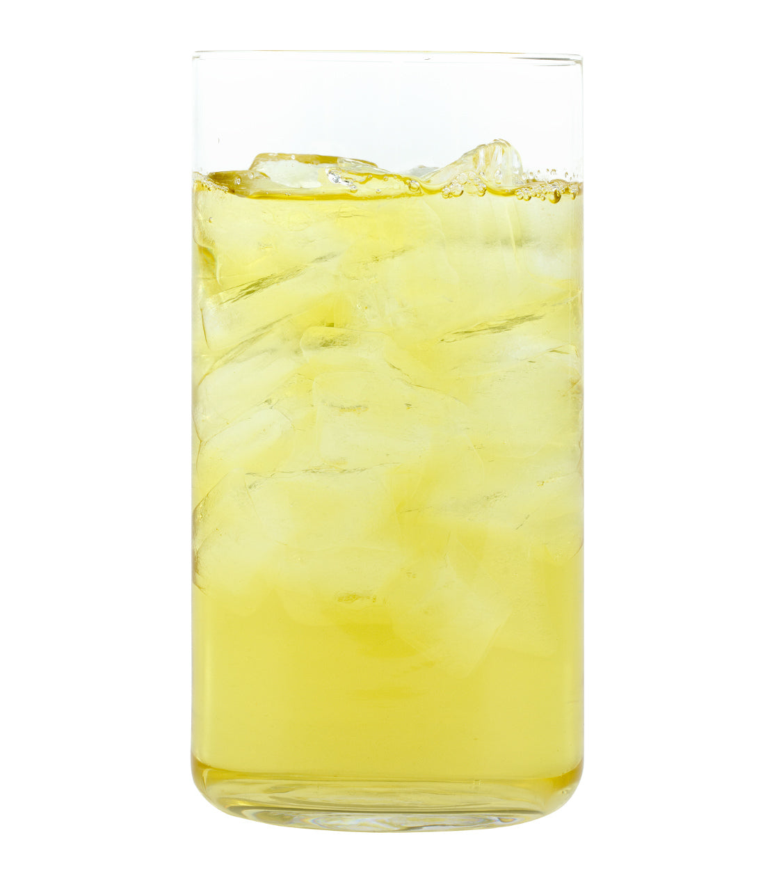 Harney & Sons Fine Teas- Tropical Green Fresh Brew Iced Tea- Glass of Tropical Green Fresh Brew Iced Tea with ice cubes
