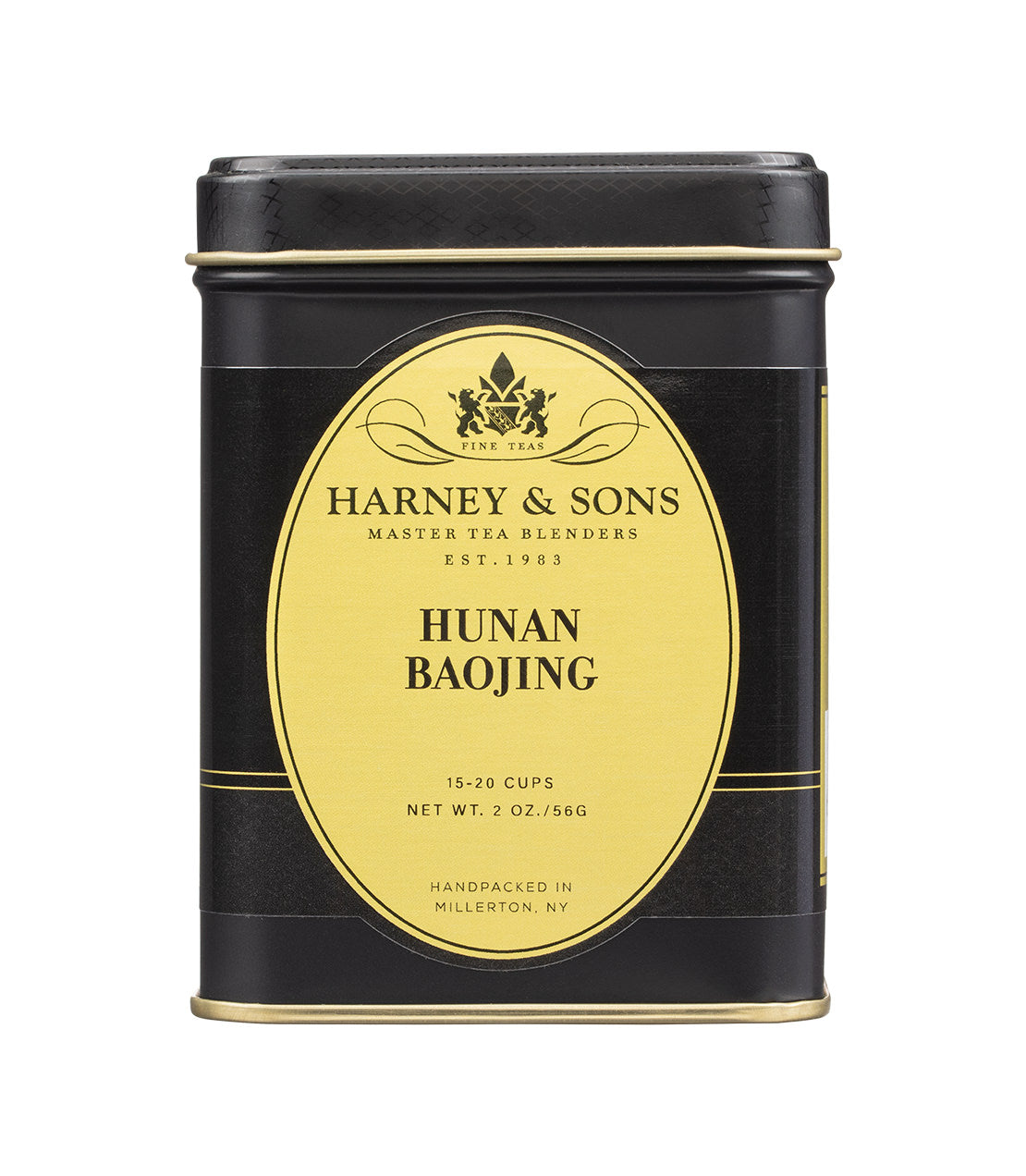 A 2 oz black and gold tin of Harney & Sons Hunan Baojing tea, handpacked in Millerton, NY.