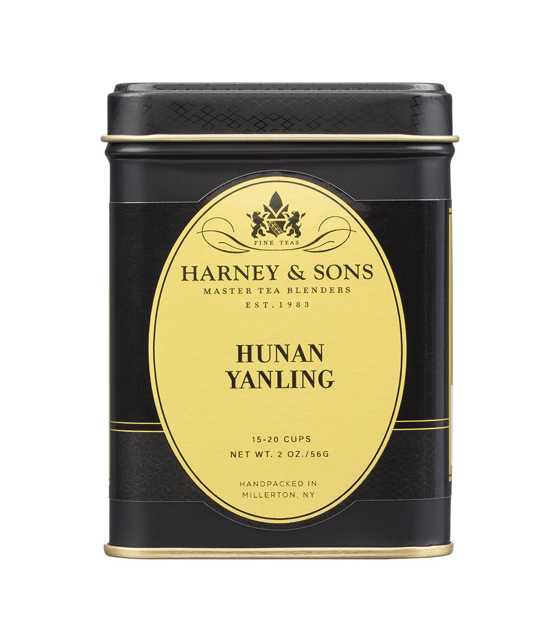 A 2oz black and gold tea tin from Harney & Sons, featuring Hunan Yanling tea, handpacked in Millerton, NY.
