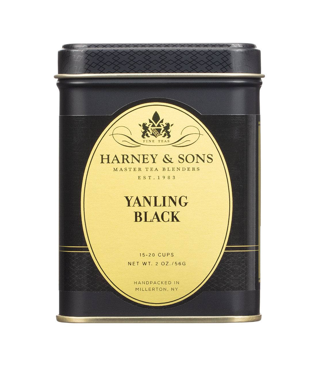 A black and gold 2oz tin of Harney & Sons Yanling Black tea, handpacked in Millerton, NY.