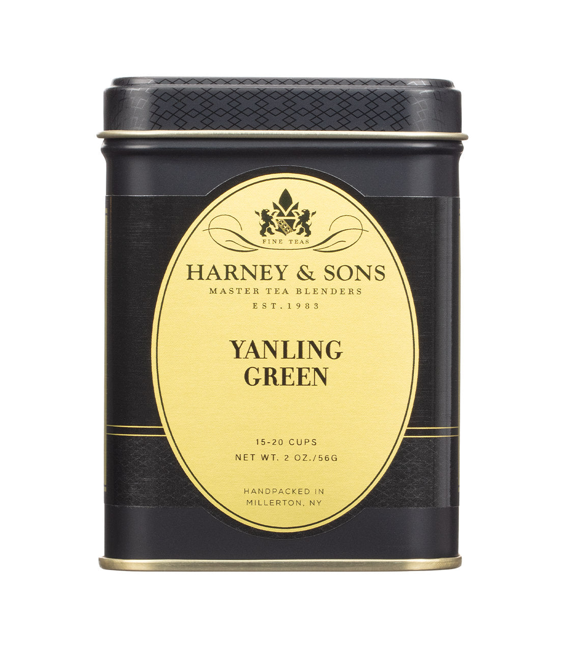 A black and gold 2oz tin of Harney & Sons Yanling Green tea, handpacked in Millerton, NY.