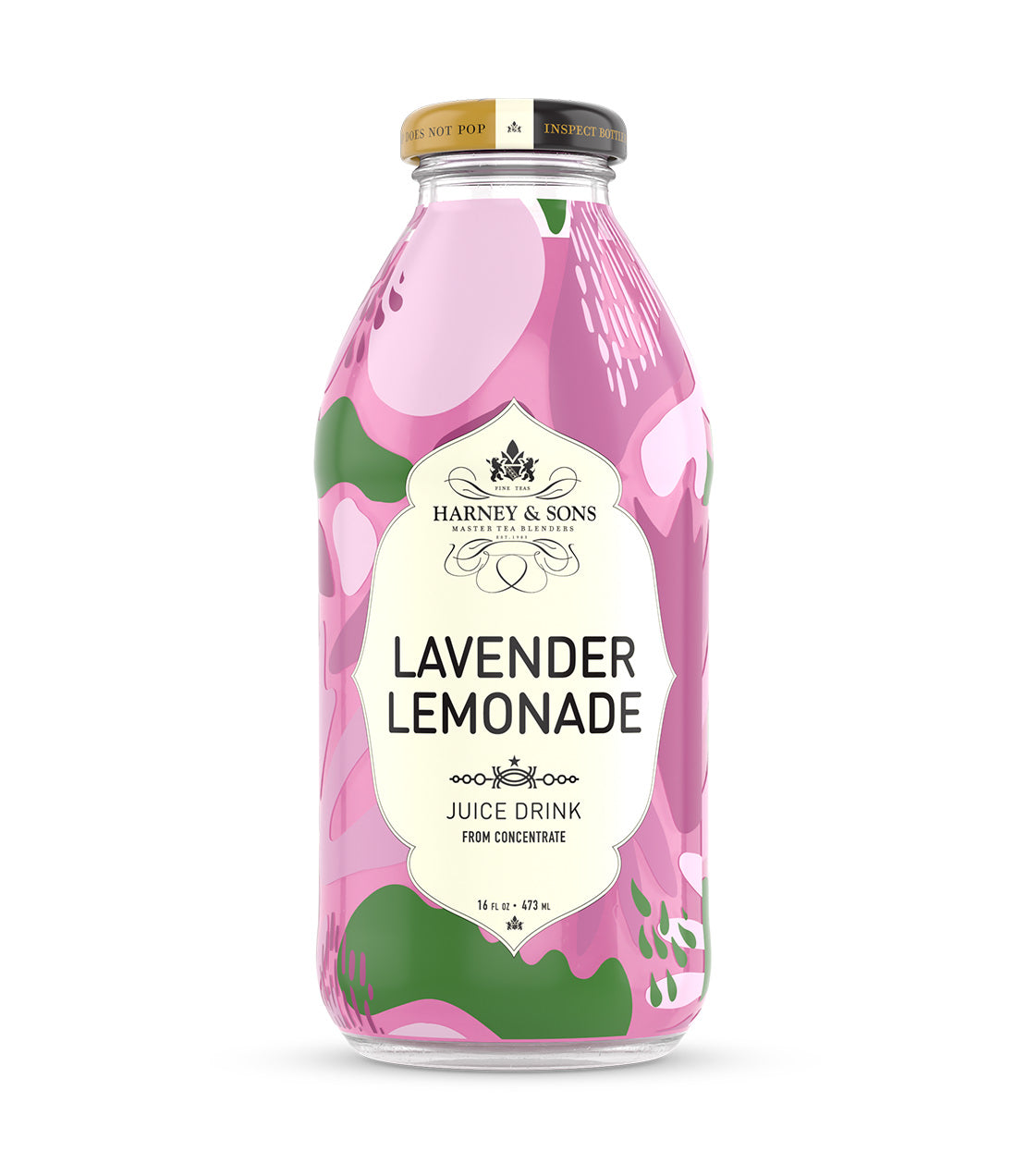 A glass bottle of lavender lemonade juice drink from Harney & Sons, featuring a pink and green floral design.
