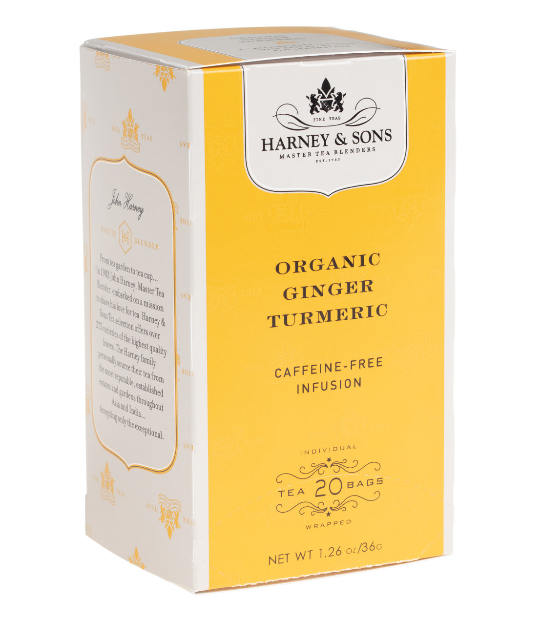 Box of 20 premium organic ginger turmeric teabags, caffeine-free infusion by Harney & Sons.