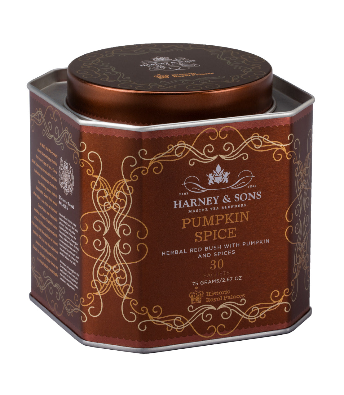 Harney & Sons Pumpkin Spice tea tin, featuring herbal red bush with pumpkin and spices, 30 sachets, 75g.