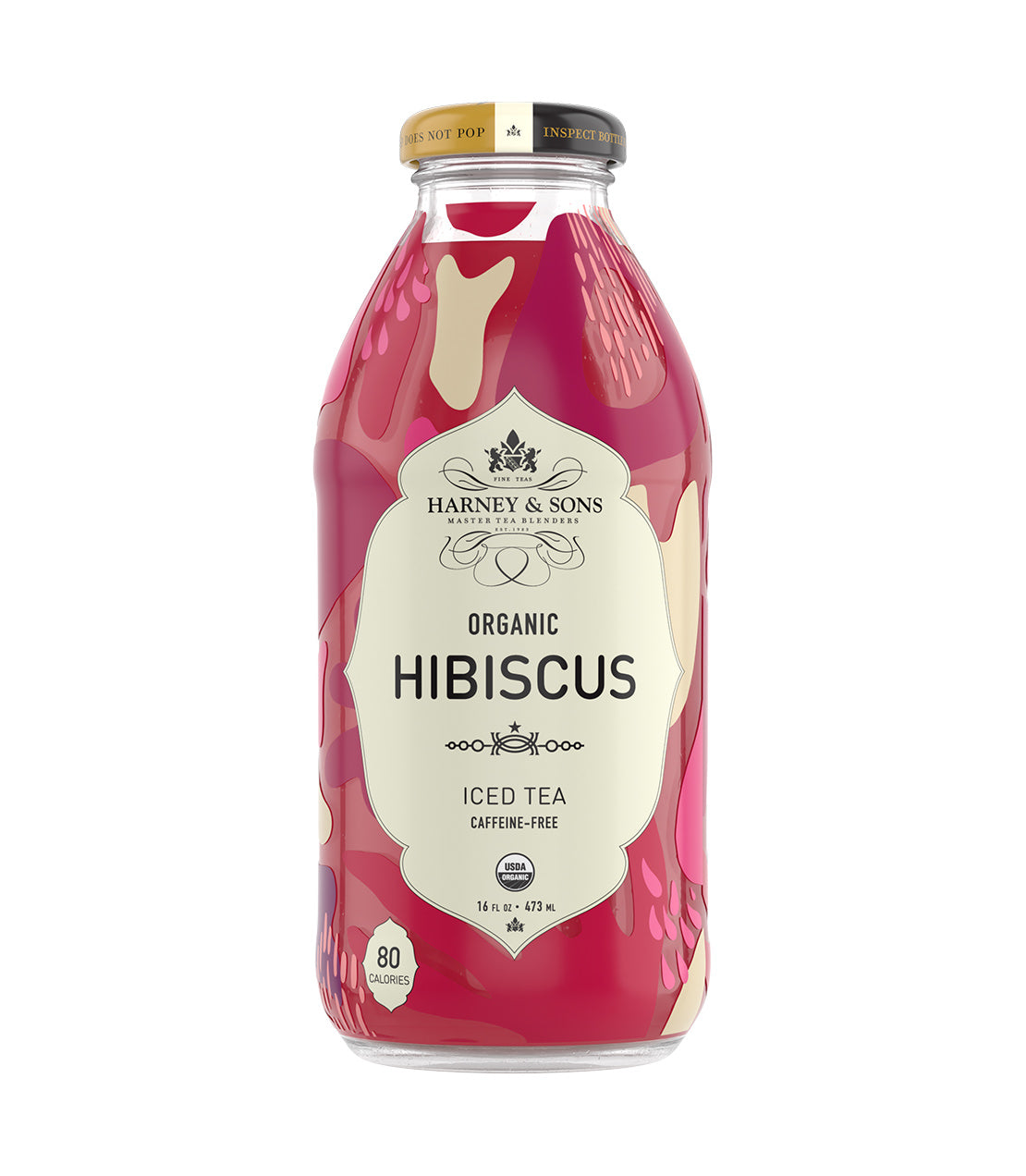 Harney & Sons Fine Teas- Organic Hibiscus- Caffeine-Free Iced Tea- 16fl oz bottle with colorful design containing red liquid