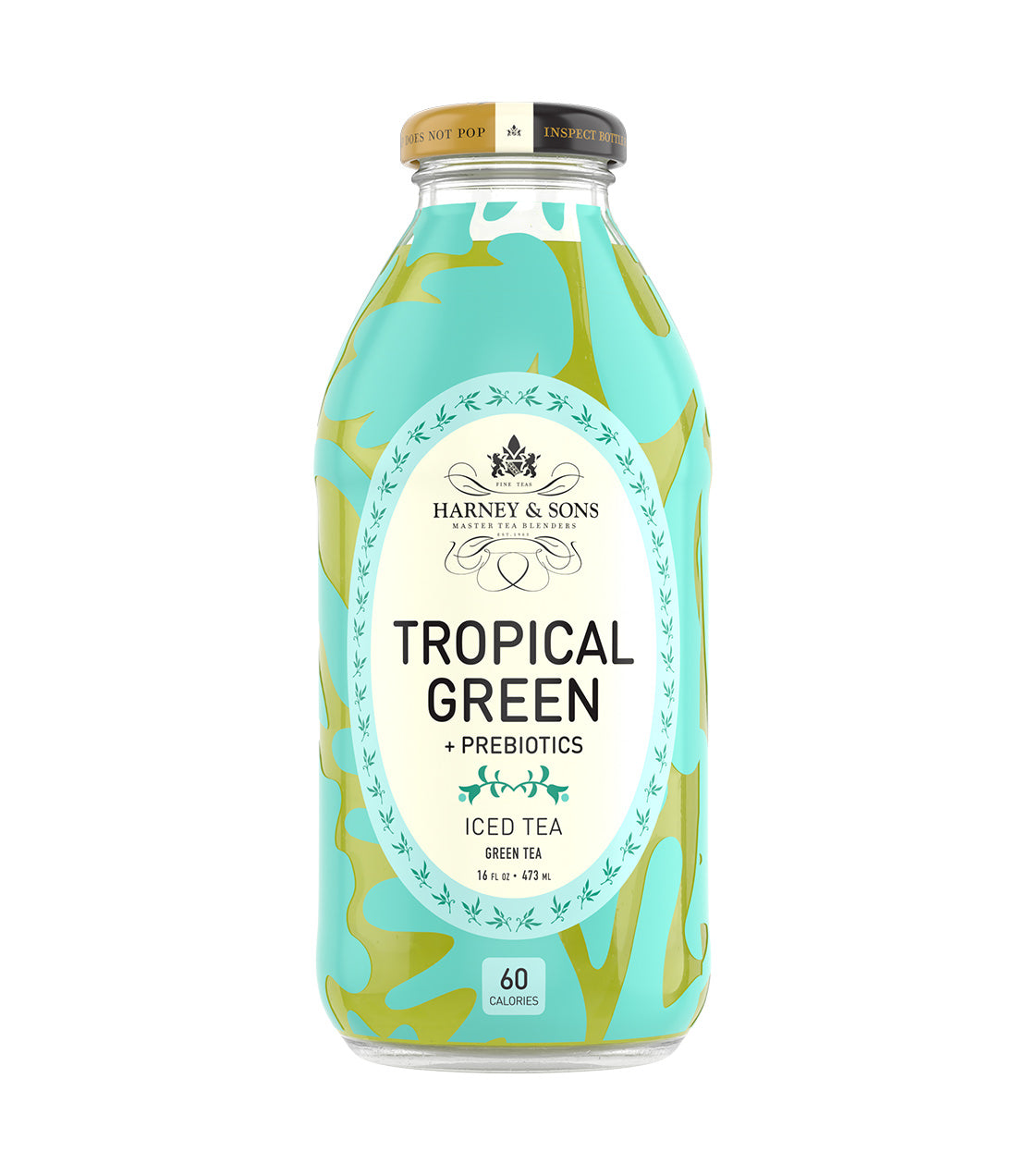 A 16fl oz glass bottle of Harney & Sons Tropical Green Iced Tea with prebiotics, featuring a turquoise and green patterned label and a 60-calorie count.