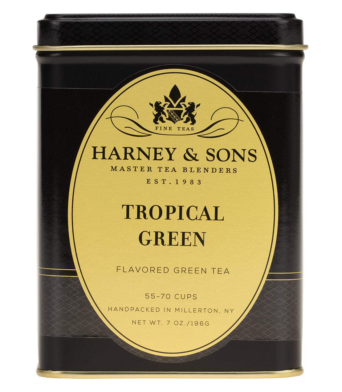 Black tin of Harney & Sons Tropical Green flavored green tea, 7 oz, with a gold label and details about servings.