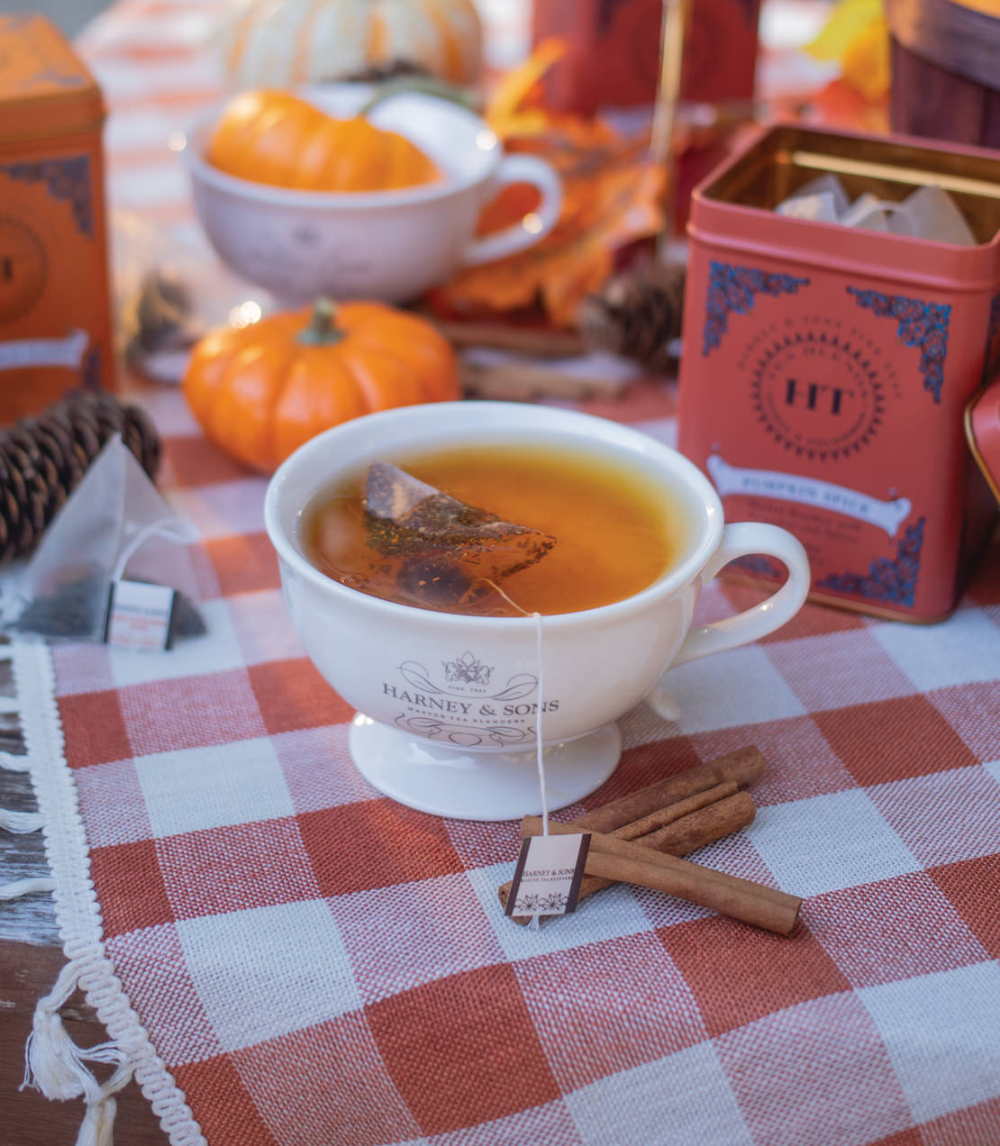 Warm cup of Pumpkin Spice tea with a sachet, surrounded by pumpkins and autumn decor on a checkered tablecloth.