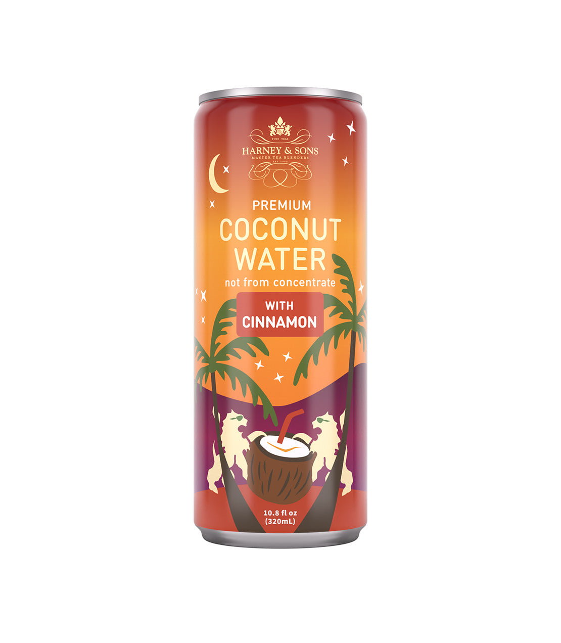 Harney & Sons Fine Teas- Premium Coconut Water with Cinnamon- Not From Concentrate- 10.8 fl oz orange can depicting night scene on a beach