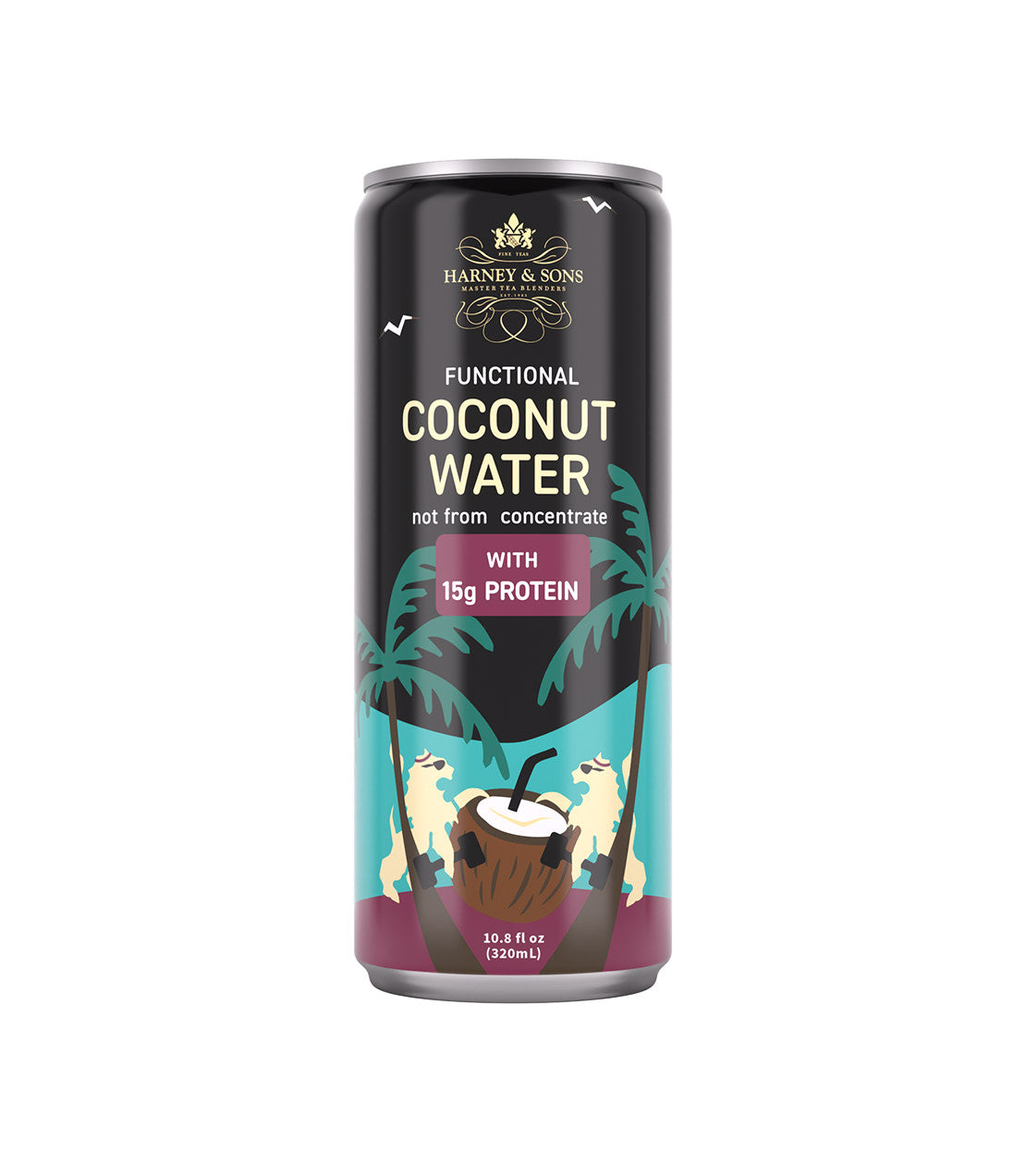 Harney & Sons Fine Teas- Functional Coconut Water with 15g Protein- Not From Concentrate- 10.8 fl oz black can with teal and maroon depicting two lions lifting weights 