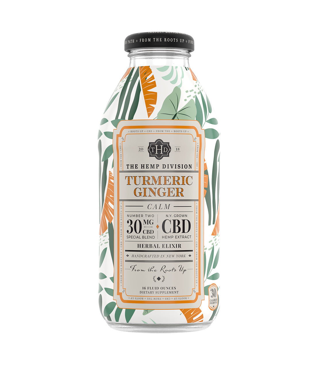 Turmeric Ginger Honey beverage bottle featuring 30 MG hemp extract, adorned with a botanical design and calm branding.
