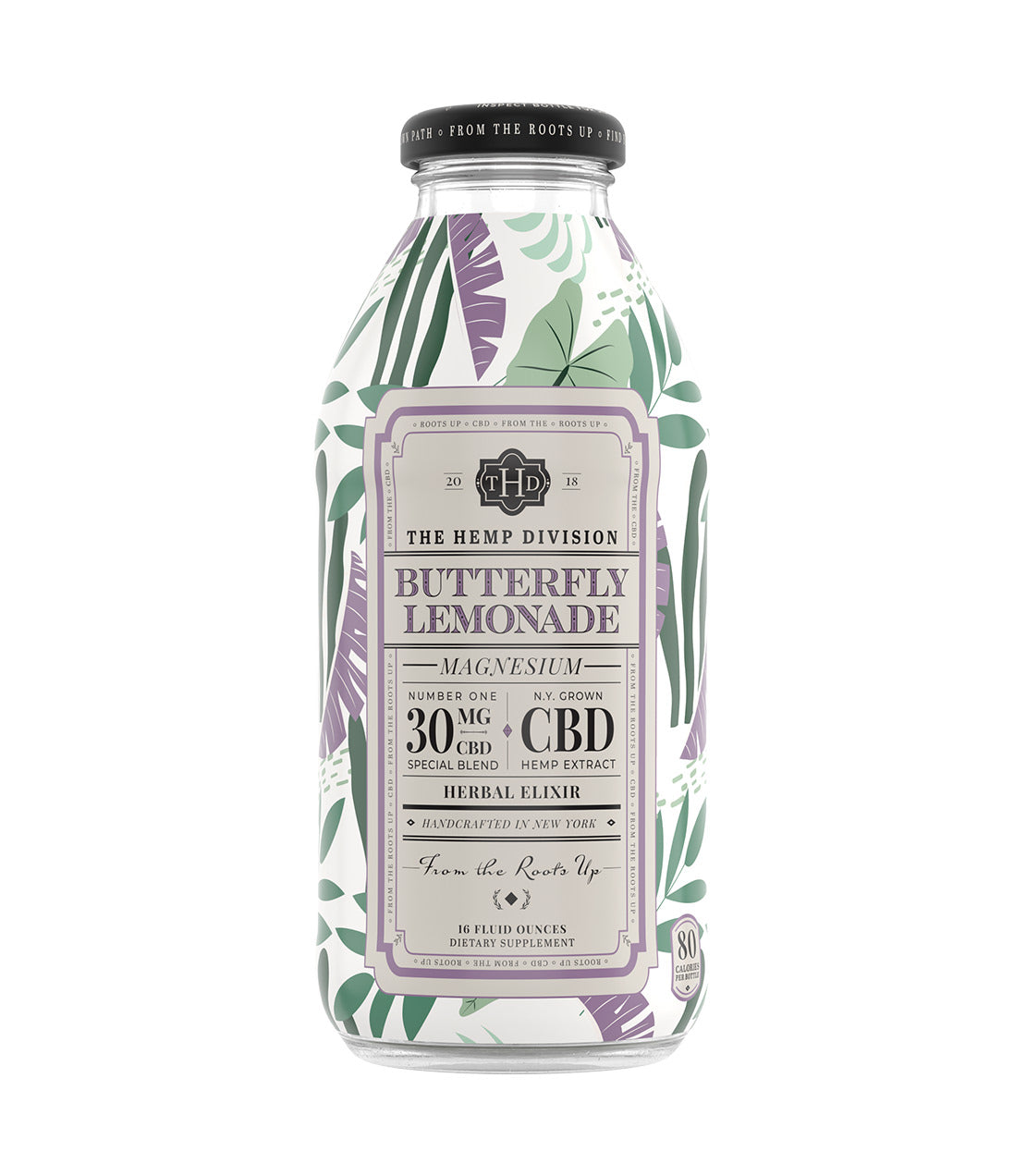 Butterfly Lemonade drink bottle featuring 30 MG hemp extract and magnesium, designed for relaxation and wellness.