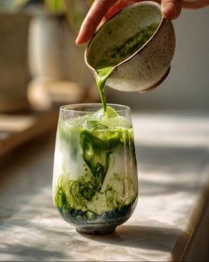 Matcha being poured from a ceramic pitcher into a glass on a wooden surface.