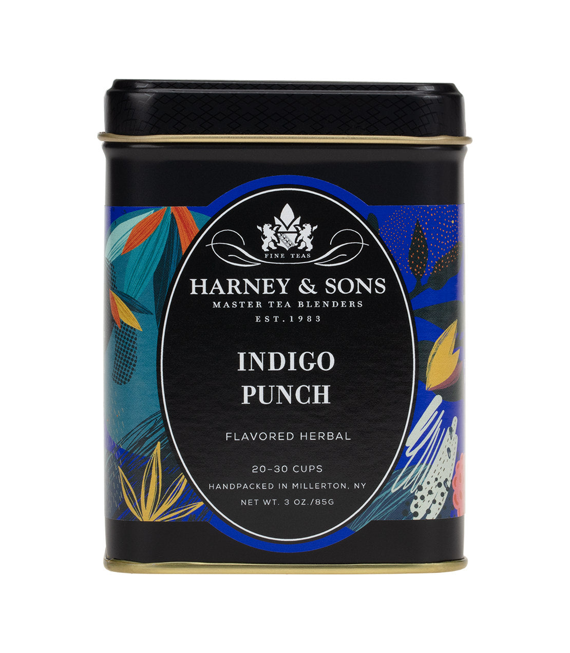 Indigo Punch herbal tea tin by Harney & Sons, featuring vibrant floral design and 20-30 cup capacity.