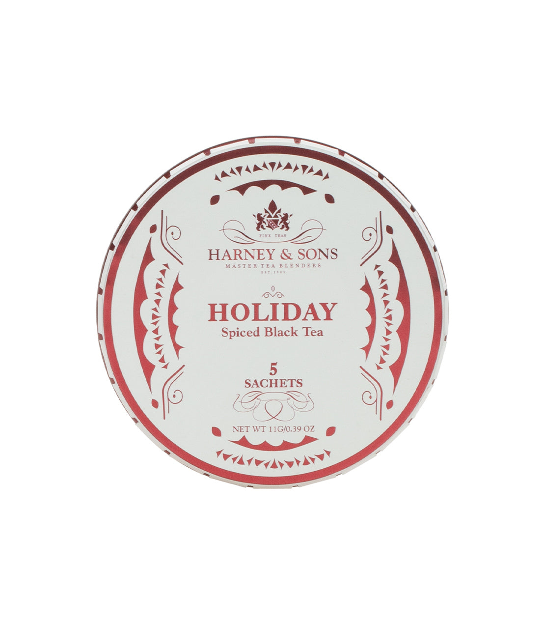 Round tin of Harney & Sons Holiday Spiced Black Tea with 5 sachets, featuring festive red and white design.