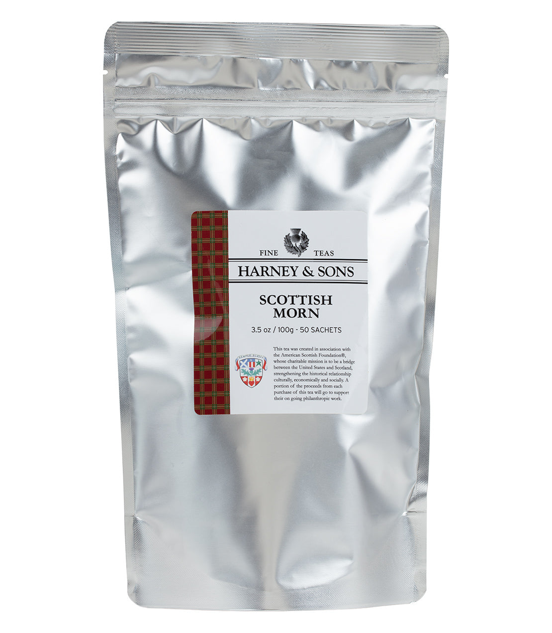 Silver pouch of Harney & Sons Scottish Morn tea, containing 50 sachets, labeled with product details.