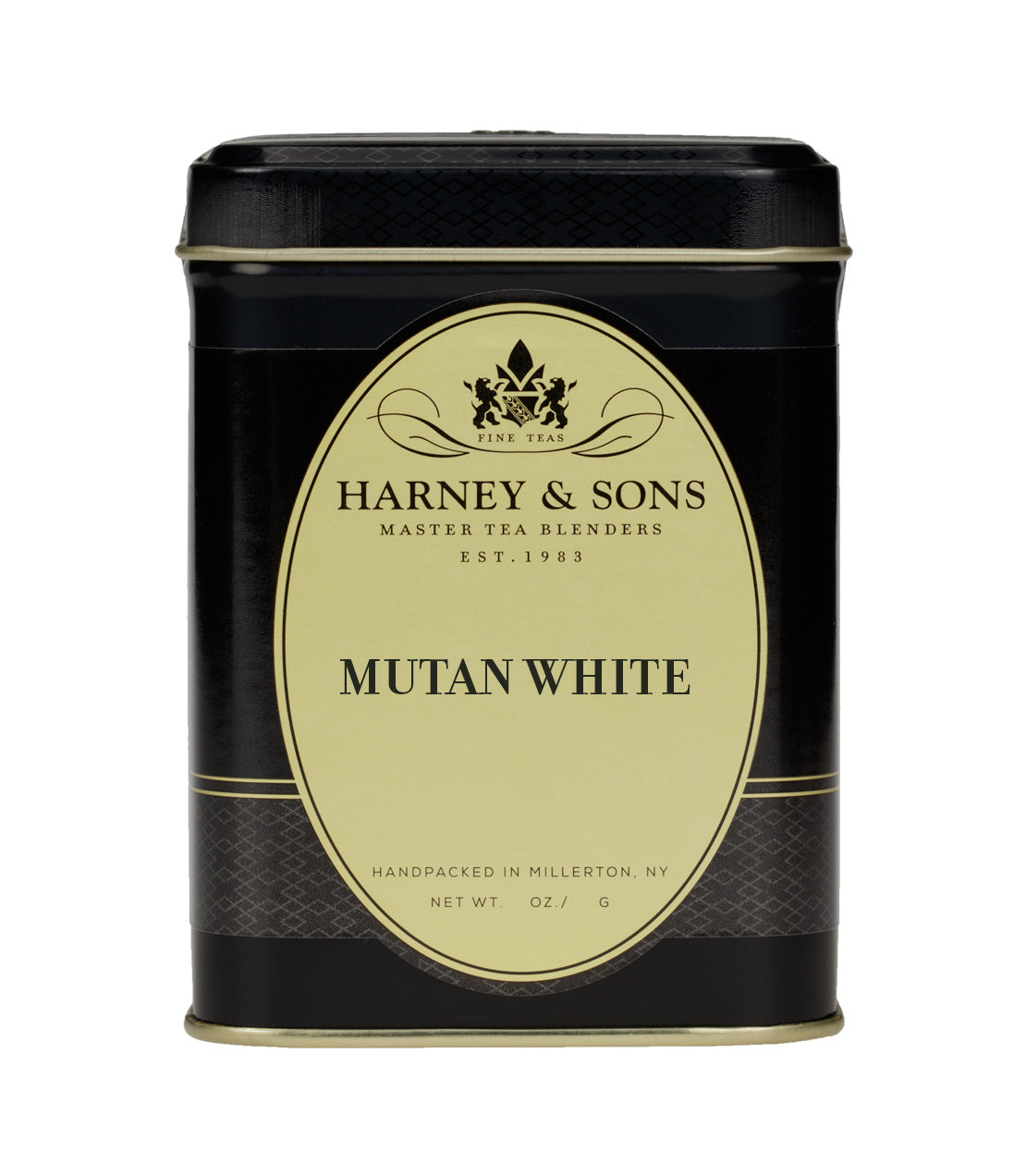 Harney & Sons Mutan White tea tin, black and gold design, featuring elegant branding and details.