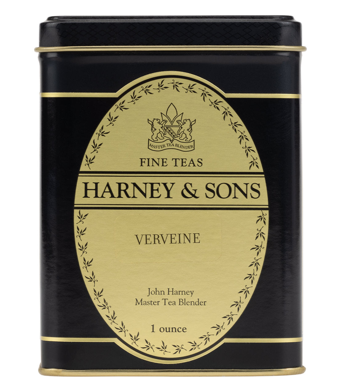 Black tin container of Harney & Sons Verveine (Lemon Verbena) tea, labeled with gold accents and details.
