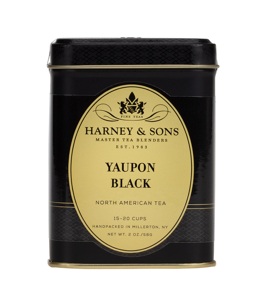 Harney & Sons Yaupon Black tea tin, 2 oz, labeled for 15-20 cups, featuring a black and gold design.