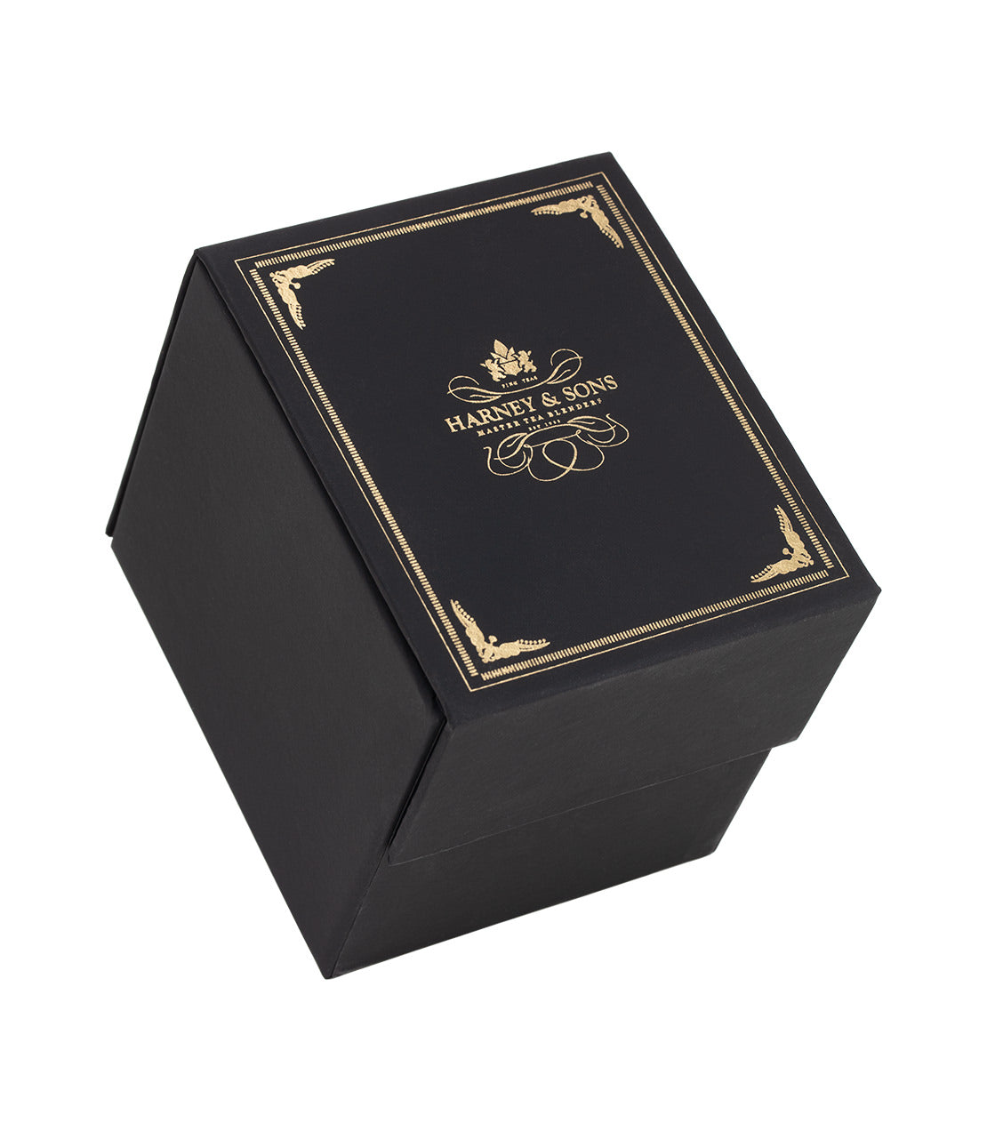 Elegant black box of Harney Heritage Herbal & Decaf Wrapped Sachet Sampler, featuring gold accents and logo.