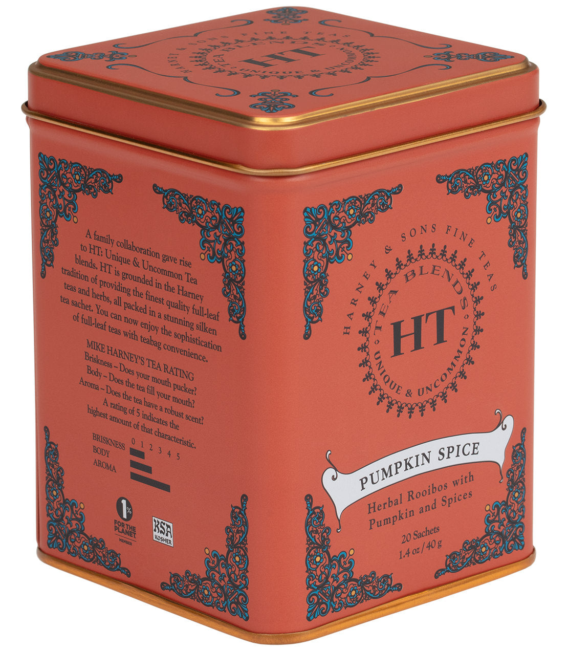 HT Pumpkin Spice tea tin featuring 20 sachets, adorned with intricate orange and blue floral designs.
