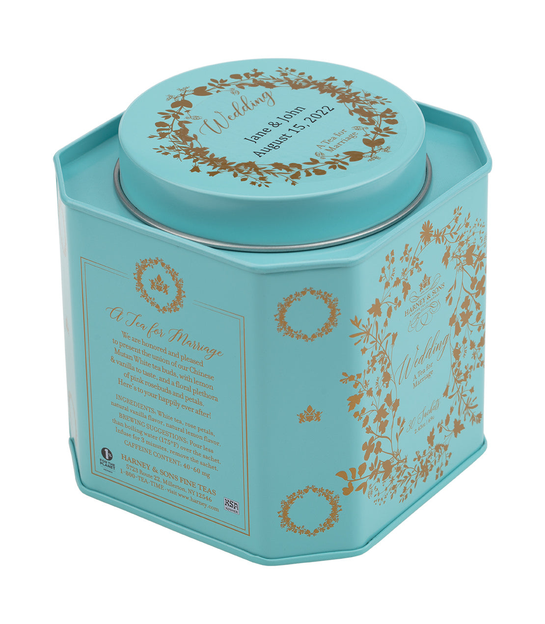 Elegant wedding tea tin in turquoise with gold floral design, featuring a heartfelt message and details about the tea.